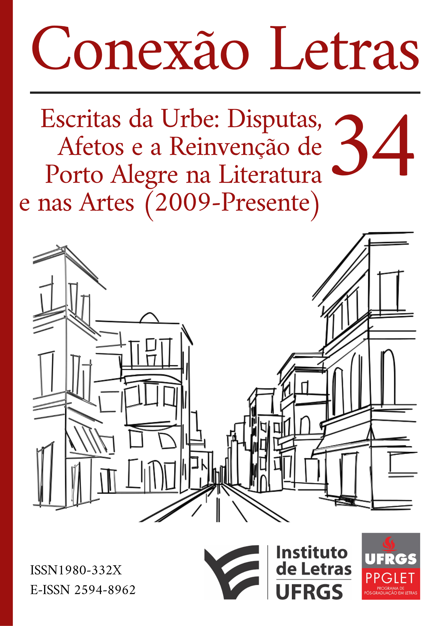 Capa do número 34 da Revista Conexão Letras. Apresenta o nome da revista, o número da edição, o título e uma arte de uma cidade com prédios baixos similares à cidade de Porto Alegre.