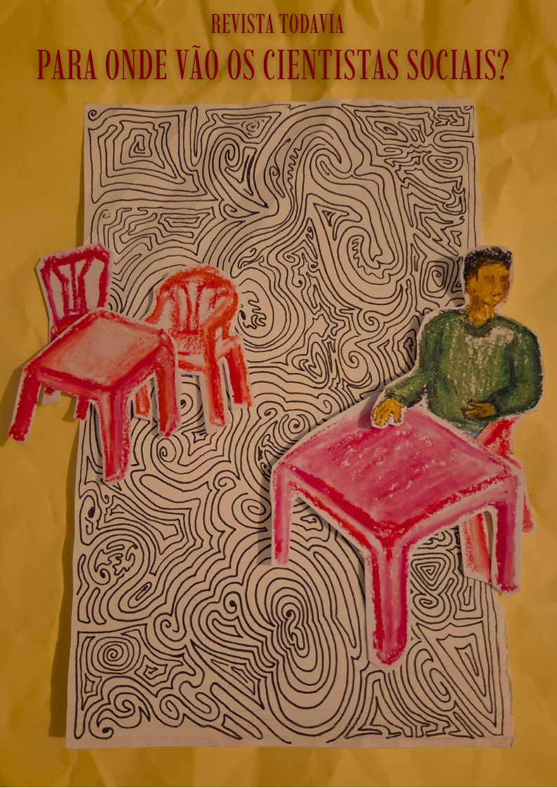 A capa foi desenvolvida a partir de uma técnica mista, combinando colagem e desenhos feitos à mão em diferentes camadas. A base da composição é uma folha amassada, sobre esse fundo, há um labirinto formado por linhas contínuas e enoveladas que ocupam o espaço de maneira densa. Na camada superior, insere-se a figura de um rapaz em um cenário cotidiano de bar. Há presença de espaços vazios ao redor da figura. A composição, ao articular diferentes materiais, cores e camadas, busca expressar visualmente as incertezas e possibilidades presentes na trajetória do cientista social.